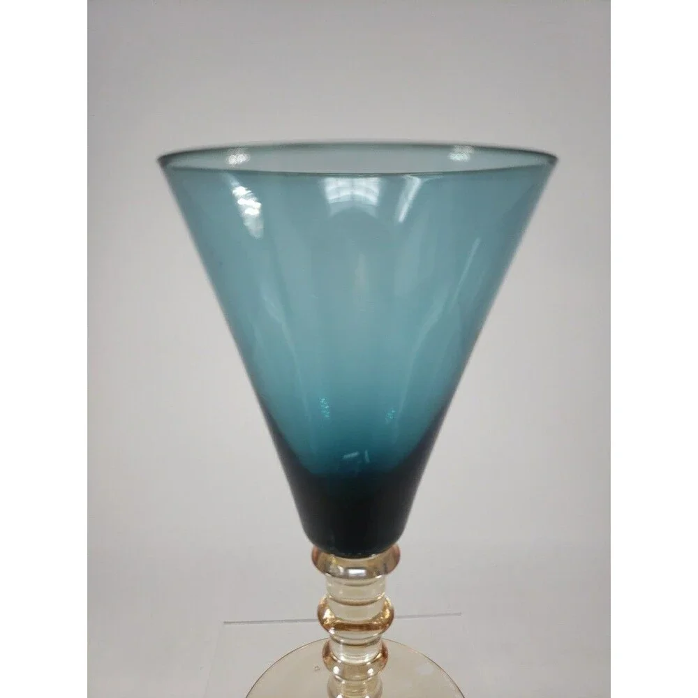 Vintage MCM Smoky Blue Glass Goblet Amber Stepped Ribbed Stem 2-Tone Wine Glass